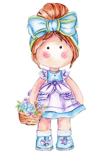 Poupée mignonne dessinée à la main aquarelle Tilda indress Illustration aquarelle dessinée à la main isolée sur blanc