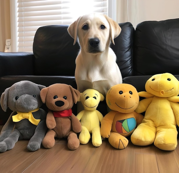 Une poupée en peluche avec un chien derrière elle.