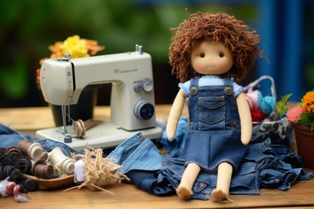 Photo poupée pour tout-petits avec machine à coudre sur table en bois concept de couture en denim recyclé