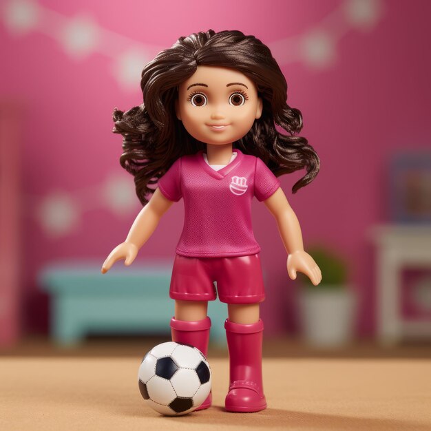 La poupée réaliste d'Emily avec les cheveux noirs et l'uniforme de football magenta