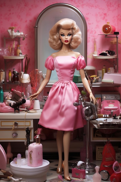 Photo une poupée avec une robe rose et une boîte rose de cosmétiques.