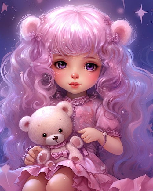 une poupée avec une robe rose et un ours en peluche
