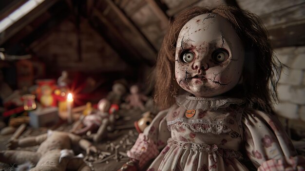 Une poupée sinistre avec une peau de porcelaine fissurée et des yeux creux