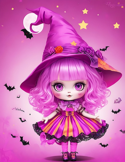 Poupée de sorcière rose d'Halloween
