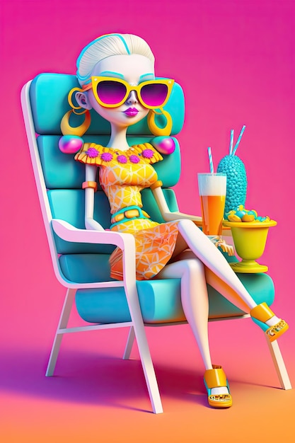 Poupée de style Barbie avec cocktail assis sur une chaise Concept de vacances et détente générative d'IA