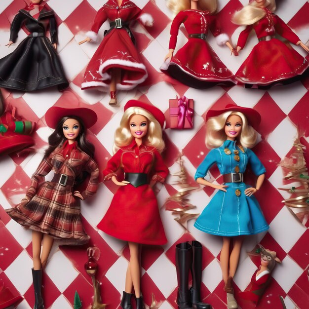 La poupée de stylisme de Barbie Ken rouge bleu rose affiche de Noël le Père Noël le Nouvel An 2024 Arrière-plan