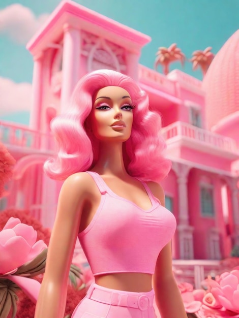 Poupée tendance Barbie aux couleurs roses générée par l'IA