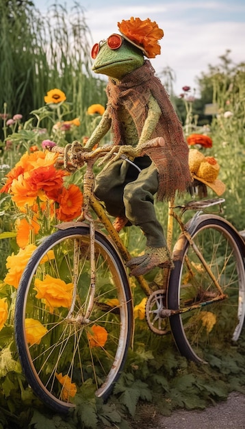 Photo une poupée sur un vélo avec un chapeau dessus