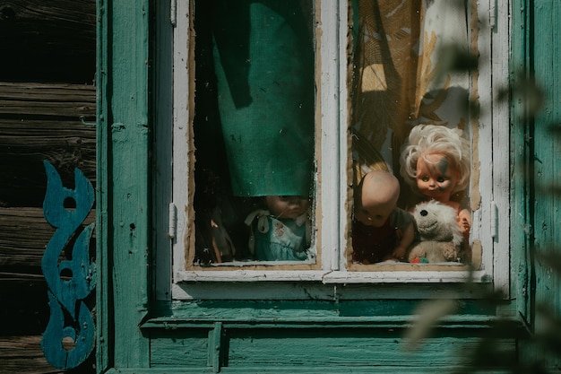 Des poupées et des jouets effrayants pour enfants regardent par la fenêtre d'une vieille maison en bois abandonnée