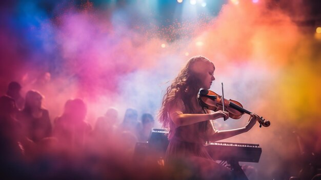 Pour la Journée mondiale de la musique, une violoniste joue sur un fond de nuages de poussière colorés.