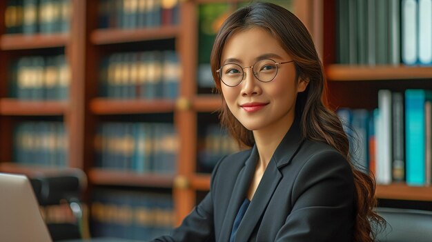 Photo pour poursuivre un client contre un accusé injuste, une avocate asiatique souriante utilise un ordinateur portable pour taper des papiers au bureau.