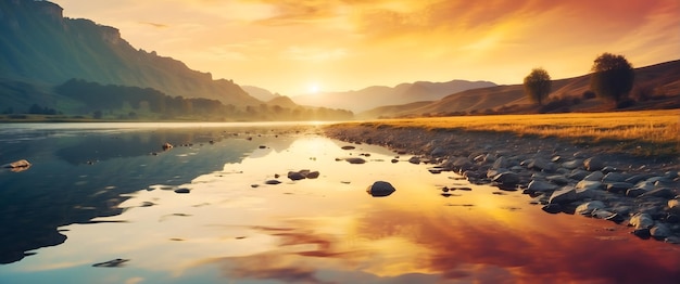 Pour la publicité et la bannière comme reflets de la rivière reflètent le flux serein des rivières à travers le paysage