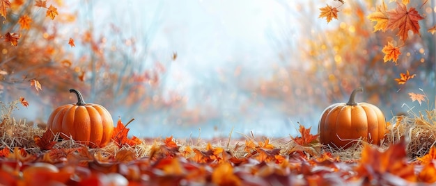 Pour Thanksgiving, un fond festif d'automne avec des citrouilles sur de la paille et des feuilles est montré à l'extérieur