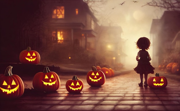 Pour tromper ou traiter le soir d'Halloween, un enfant erre dans les rues désertes de la banlieue