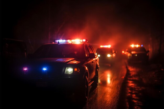 Photo poursuite nocturne les voitures de police courent à travers le brouillard en cas d'urgence
