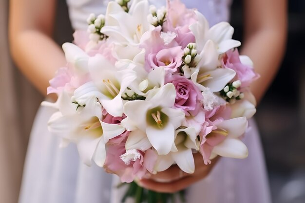 Épouse de pure beauté avec un bouquet de blanc et de rose