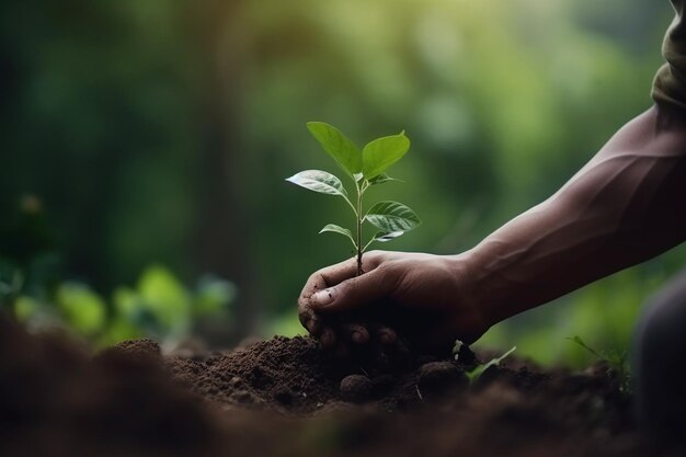 Une pousse verte dans les palmiers humains Idée de concept écologique protection de l'environnement Jour de la Terre Naturel