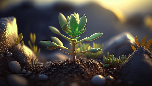 Pousse verte d'une plante poussant hors du sol sous les rayons lumineux du soleil