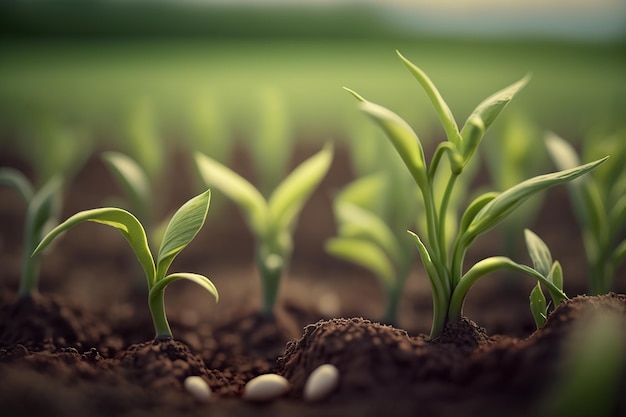 Pousse verte qui pousse hors du sol dans le champ Generative ai Jeune plante dans le sol