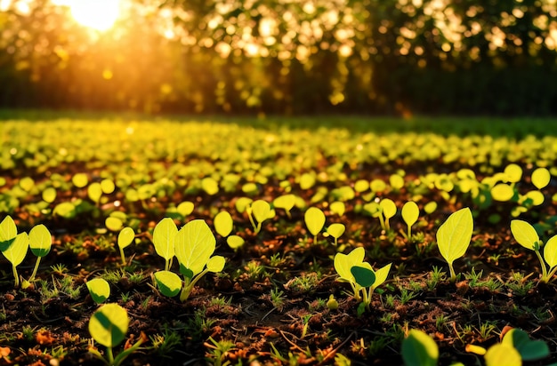 Pousses poussant dans des lits Jeunes arbres verts en fleurs dans le sol Concept d'agriculture horticole et de produits biologiques AI générative