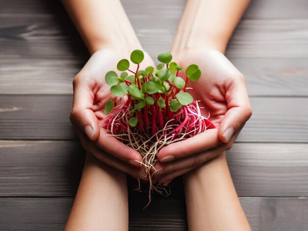 Des pousses de radis rouges fraîches dans les mains sur du bois blanc vue supérieure radis sango microgreens ar c