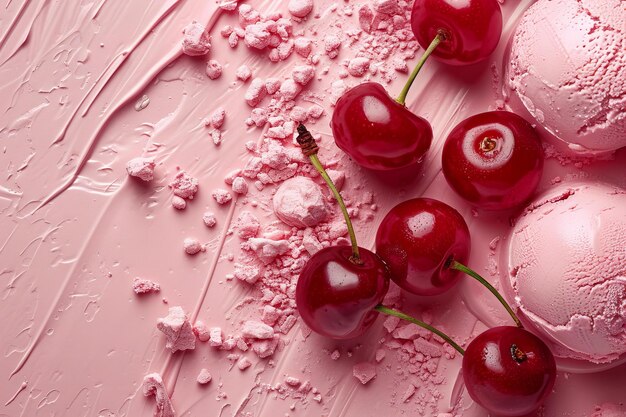 Photo la poussière de cerise et de rose sur la surface crémeuse rose