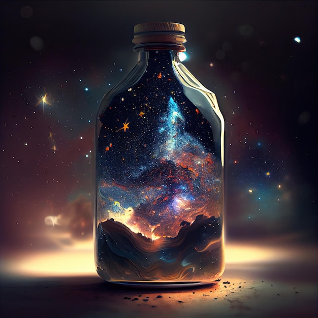 Poussière tourbillonnante étoilée de galaxie dans la bouteille en verre avec bouchage en cyberpunk