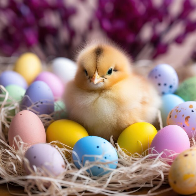 un poussin assis dans un nid entouré d'œufs de Pâques colorés