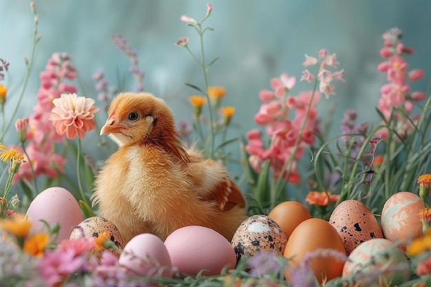 Un poussin dans des fleurs de printemps