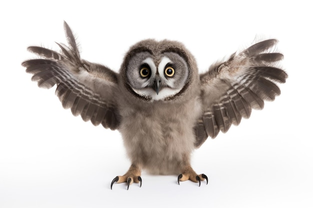 Un poussin de hibou boréal sur un fond blanc