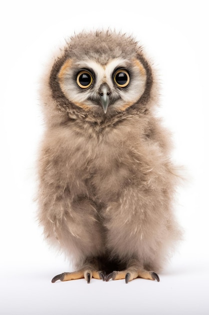 Un poussin de hibou boréal sur un fond blanc