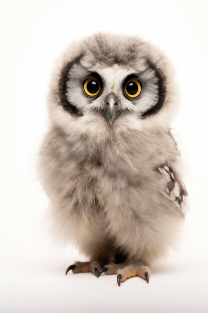 Un poussin de hibou boréal sur un fond blanc