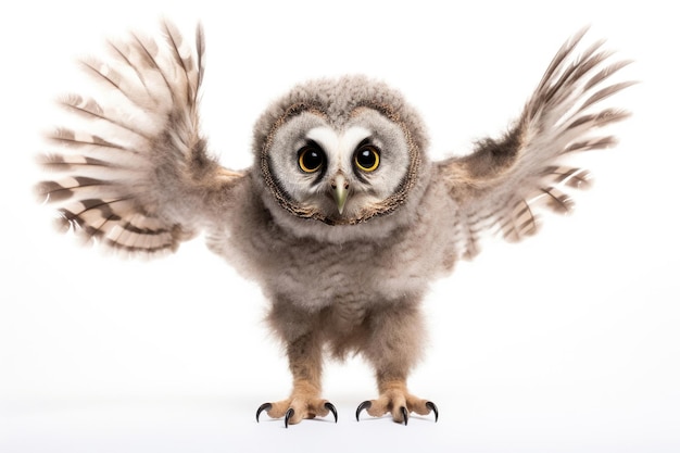 Un poussin de hibou boréal sur un fond blanc