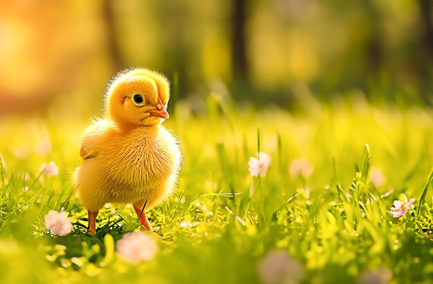 Un poussin joli et moelleux debout sur l'herbe verte