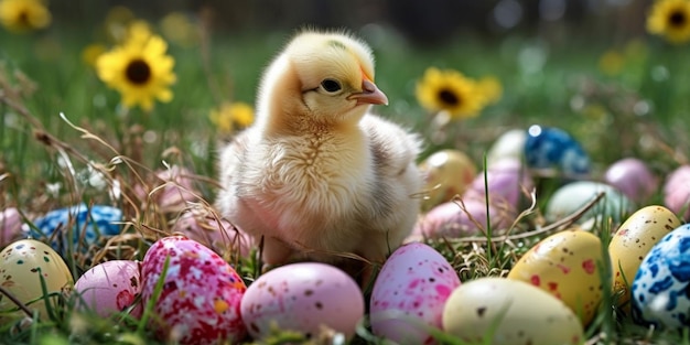 Photo poussin et oeufs de pâques sur les graminées faible profondeur de champ concept joyeuses pâques