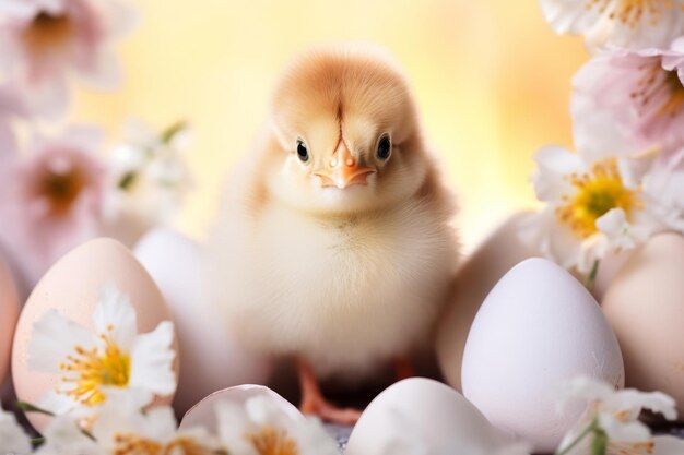 Un poussin de Pâques regardant hors de la coquille d'œuf sur un fond pastel avec des fleurs de printemps et des œufs Illustration générative d'IA