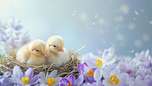 Des poussins dans un nid parmi les fleurs de printemps Concept de célébration et de renouveau de Pâques