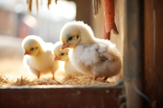 Poussins moelleux picorant le grain dans un poulailler