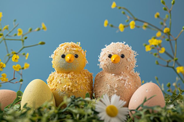 Photo les poussins de pâques et les fleurs de printemps