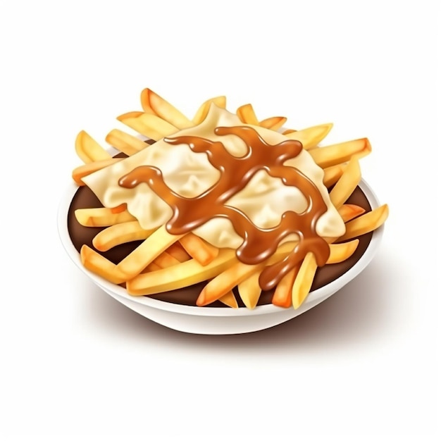 La poutine est un plat de pommes de terre frites et de flocons de fromage et garni d'une sauce épaisse générée par l'IA