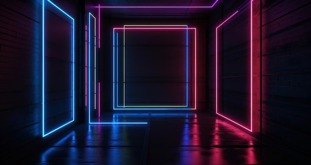 Poutres néon et néon bleu dans la chambre noire Illustration AI GenerativexA