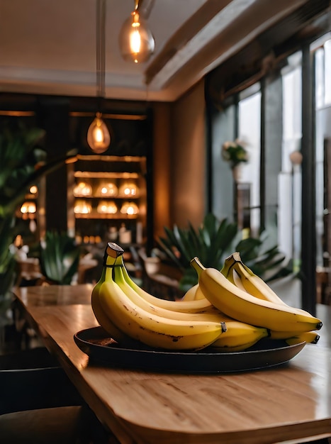 Photo pov bananes couleurs neutres éclairage chaleureux restaurant confortable très détaillé ia générative générée