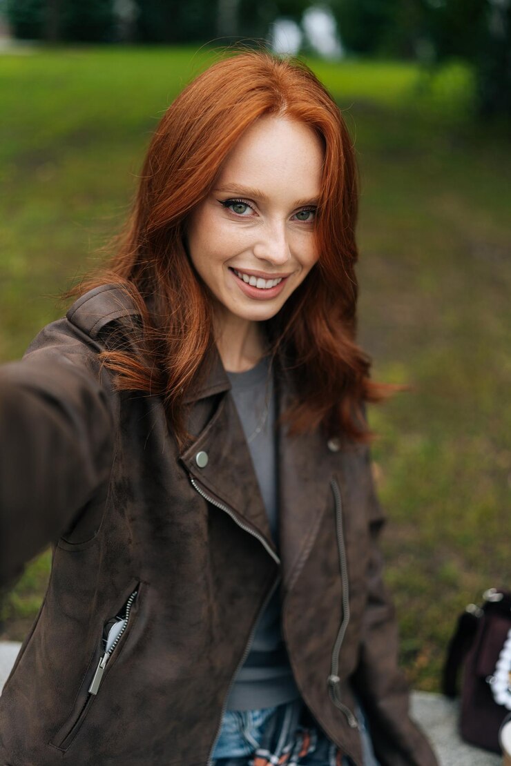 Photo pov vertical d'une jeune femme joyeuse aux cheveux roux frappants pose avec confiance pour un selfie dans le parc
