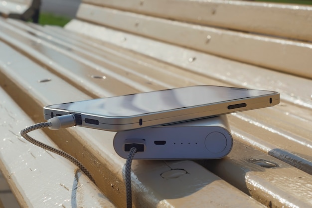 Power Bank charge un smartphone sur un banc en bois dans le parc.