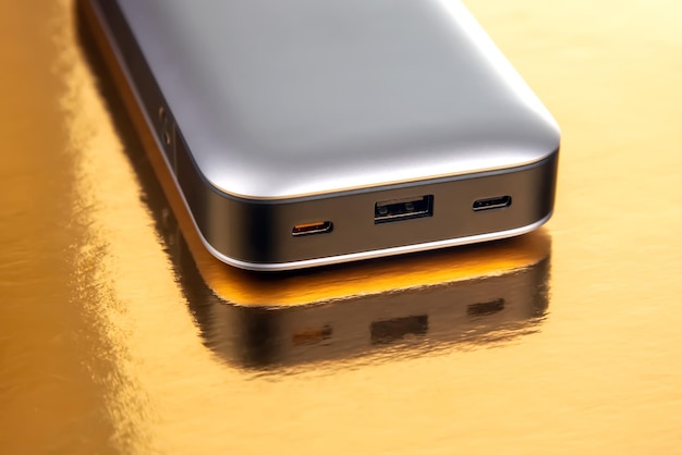 Powerbank portable sur fond doré Appareils électroniques pour recharger les gadgets et les smartphones