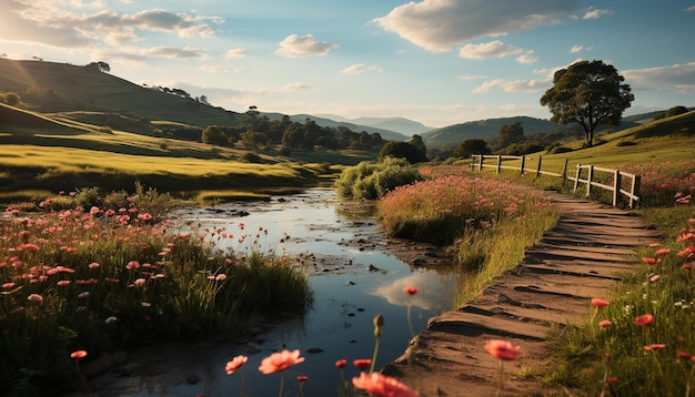 Photo prairie de beauté naturelle avec coucher de soleil, fleur, eau, ciel de montagne vert, arbre généré par l'intelligence artificielle