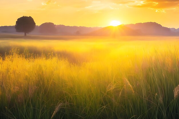Photo prairie de campagne pendant l'heure d'or capturant les tons chauds du soleil couchant