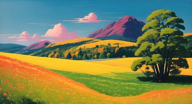 Prairie Champ avec fleurs sauvages ciel bleu et lumière du soleil en été nature paysage fond d'écran AI Généré pour les livres pour enfants histoires contes de fées