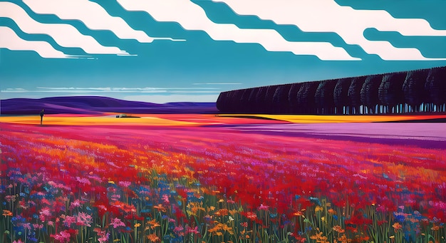 Prairie Champ avec fleurs sauvages ciel bleu et lumière du soleil en été nature paysage fond d'écran AI Généré pour les livres pour enfants histoires contes de fées