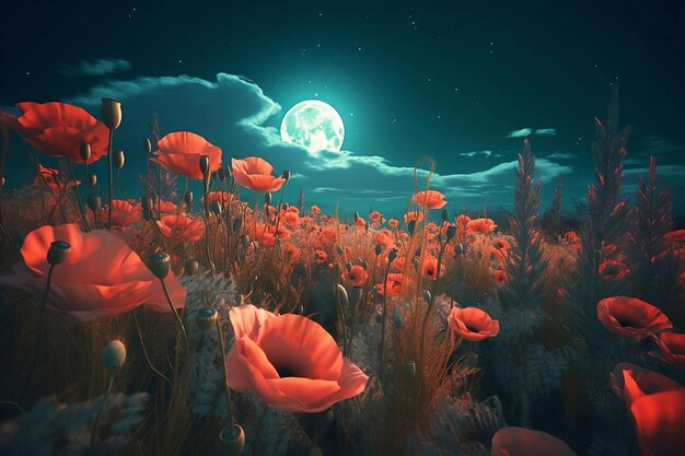 Photo une prairie de coquelicots rouges la nuit de pleine lune